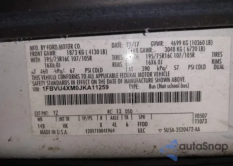 2018 Ford Transit z USA, uszkodzony, nr VIN 1FBVU4XM0JKA11259